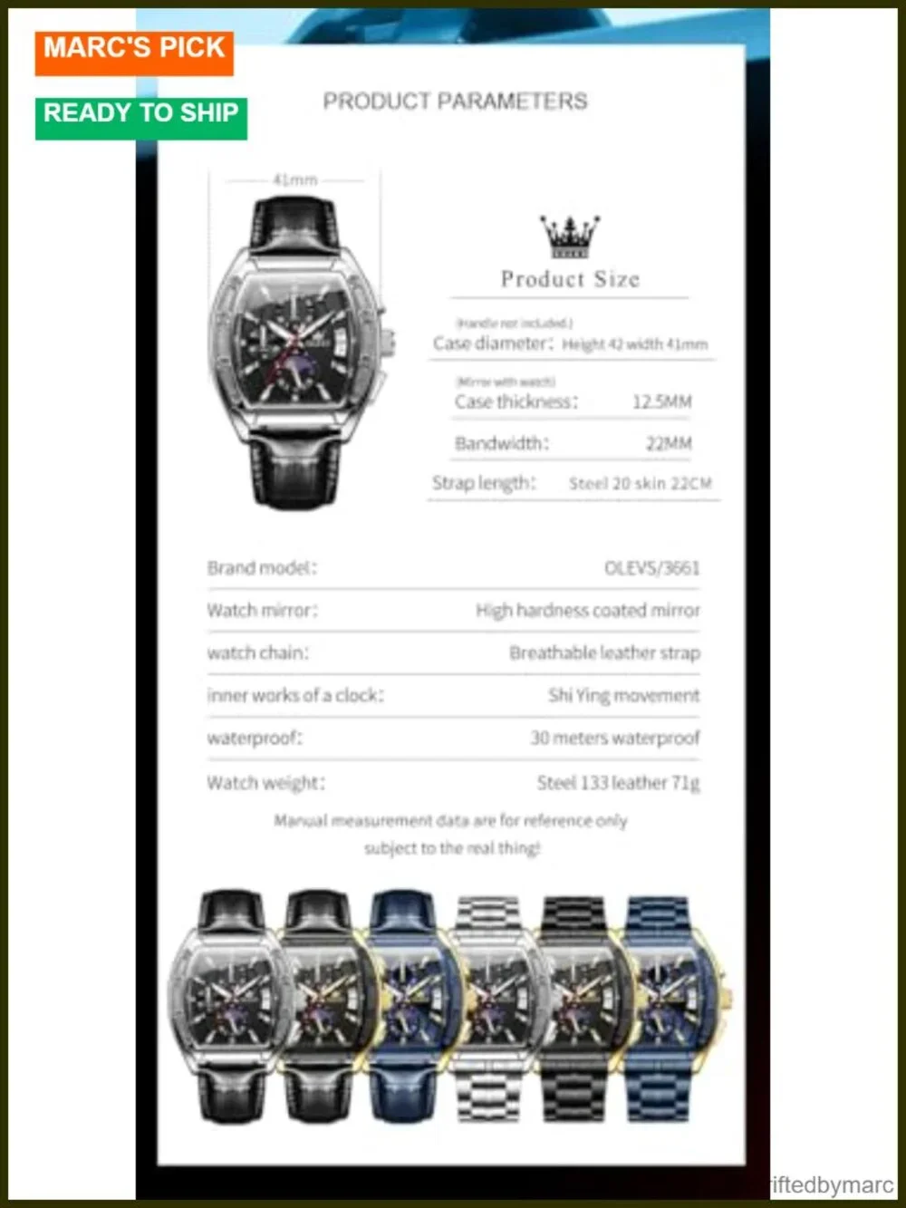 Mens Analog Quartz Chronograph Square Dress Watch Stainless Steel or Leather